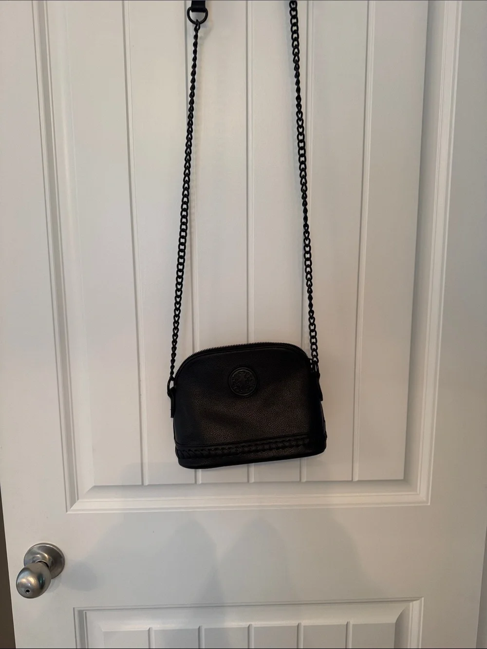 Black Leather Crossbody Bag with Chain Strap